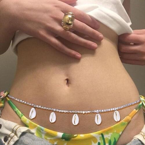 Bohemian Personality Beach Shell Small Pendant Waist Chain Sexy Bikini Rhinestone Belly Button Chain Body Jewelry Accessories