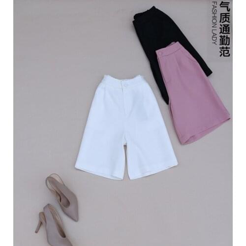 Women Classic Korean Fashion High Waist Knee-length Pants Office Lady Straight Suit Trousers