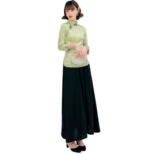 Shanghai Story Half Sleeve cheongsam top traditional Chinese Top Womens blouse top + Linen Skirt