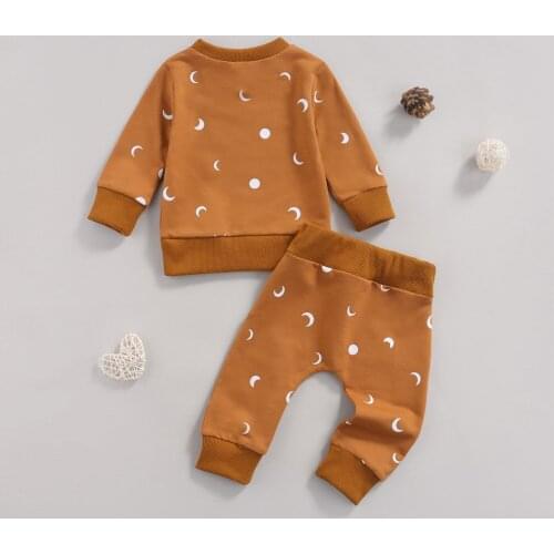 2 Pieces Kids Suit Set Sun Moon Print O-Neck Long Sleeve Tops+ Trousers with Pockets for Spring Fall 2021 New Fashion