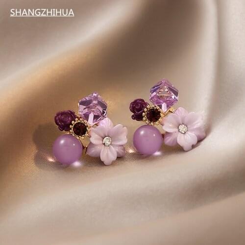 Noble Purple Crystal Flower Stud Earrings For Woman 2021 Korean Fashion Jewelry Wedding Party Girls Elegance Set Accessories