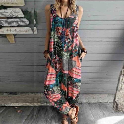 Vintage Folk-custom Printed Jumpsuit Long Loose Rompers Women Functional Pockets Bib Linen Sleeveless Overalls Playsuits Summer