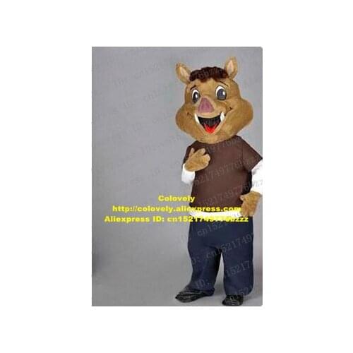 Pretty Brown Wild Boar Brother Sus Scrofa Brothers Mascot Costume With Brown Coat Blue Pants Sharp White Tooth No.5176 FS