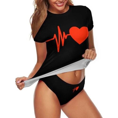 Swimsuits Red Heart Black Two Piece Women Tankinis Ladies Swimwear Crewneck Solid High Waist Bikini Sexy Swimming Bathing Set