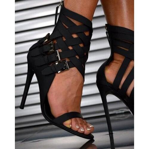 Hot Selling Black Leather Ankle Cross Strap Buckle High Heel Sandals Thin Heel Cage Women Dress shoes woman Gladiator Sandals Bo