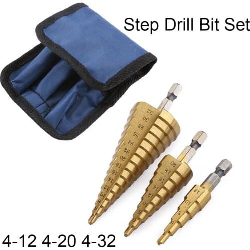 JHCHMX 3pcs Step Drill Bit Set HSS Straight Groove Hole Cutter 4-12 4-20 4-32 Titanium Coated Wood Metal Hex Core Drill Bits