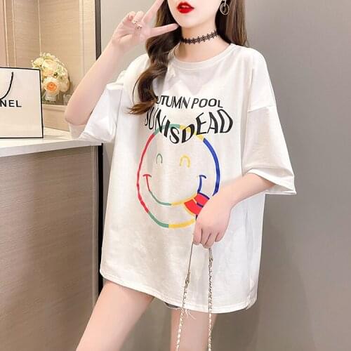 2021 summer new Korean version of large size womens loose short-sleeved t-shirt printing round neck half-sleeved top T-shirt