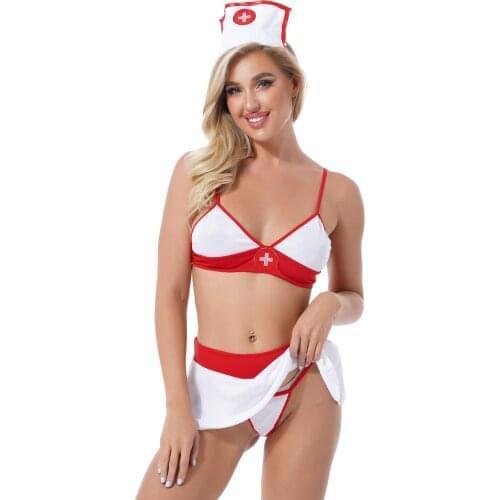 Novelty Women Nurse Role Play Outfits Sexy Lingerie Set Honeymoon Gift Nightwear Unlined Bra with Mini Skirt Hair Hoop G-String