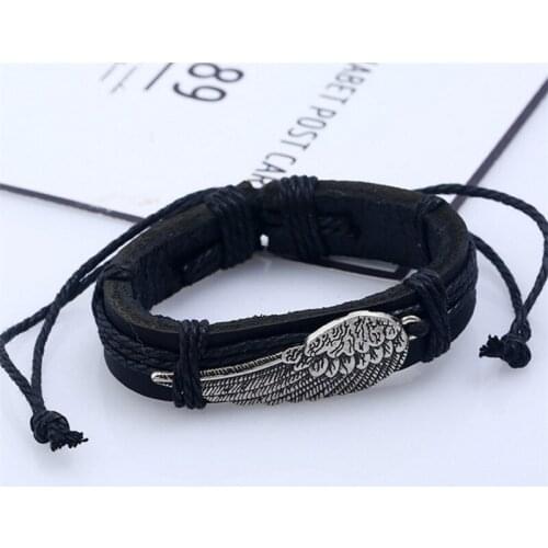New Style Retro Silver Color Angel Wing Bracelet Hand Woven Leather Bracelet Fashion Mens Nightclub Jewelry Accessories