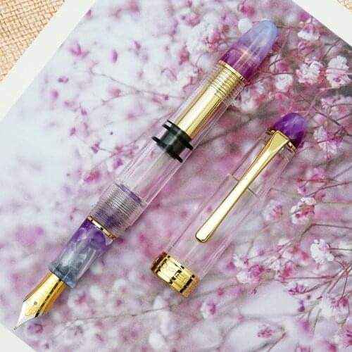 LORELEI Resin Purple Piston Fountain Pen with Golden Clip, Transparent Body Iridium EF/F 0.38/0.5mm Ink Pen for Business Office