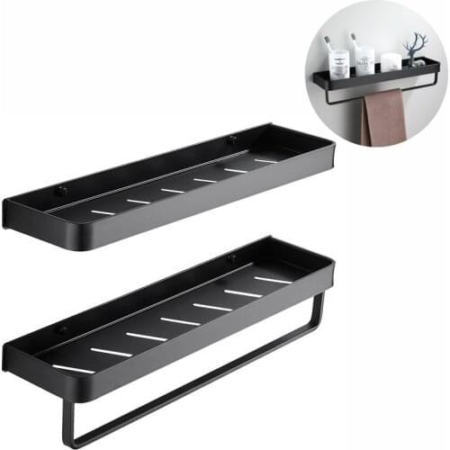 Black Bathroom Shelf 30/40/50 cm Kitchen Wall Shelves Shower Basket Storage Rack Towel Bar Robe Hooks Bathroom Accessories