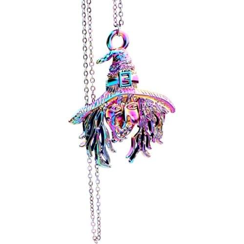 Rainbow Color Witch Pendant Necklace Sorceress Head Choker Charms 50cm Stainless Steel Chain DIY Handmade Jewelry