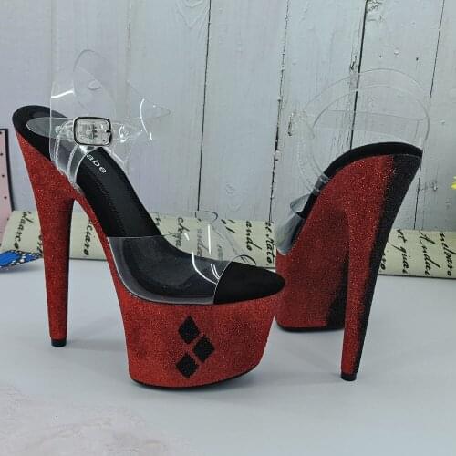 Leecabe RED With Black glitter 17CM/7Inch Womens Platform Sandals party High Heels Shoes Pole Dancing Shoes