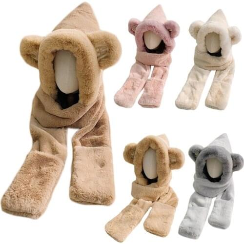 Women Men Winter 3 In 1 Fluffy Plush Warm Hooded Long Scarf Hat Vintage Zebra Cow Animal Print Earflap Cap Windproof Neck Warmer