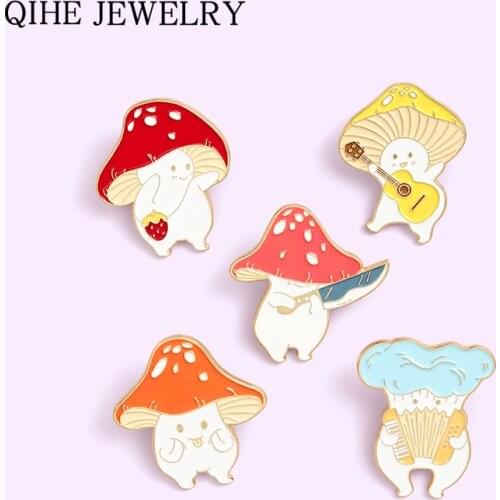 Cute Mushroom Enamel Pins Custom Funny Cartoon Guitar Brooches Bag Lapel Pin Plant Badge Jewelry Gift for Kids Friend Wholesale