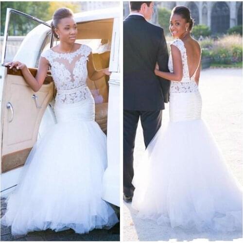 Vintage Appliques Lace Top Cap Sleeves Mermaid Wedding Dresses Tulle Sweep Train African Style Garden V-Shape Back Bridal Gowns