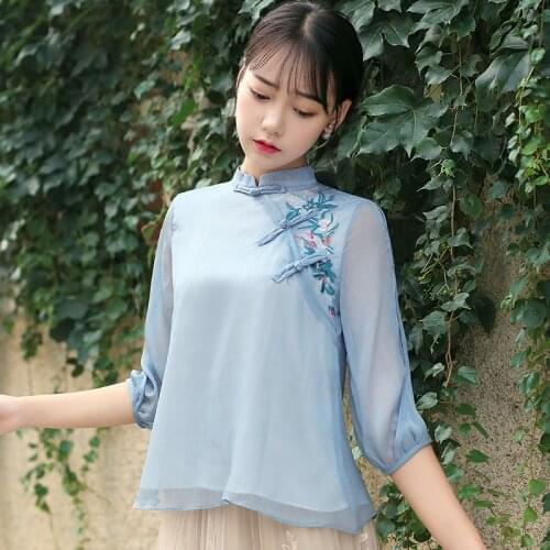 Women Elegant Chiffon Qipao Tops Vintage Hanfu Shirts Chinese Style Embroidered Retro Blouse Vietnam Ao Dai T-shirt Coat