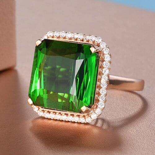 Big Square Princess Green Crystal Emerald Gemstones Diamond Rings for Women Rose Gold Color Bague Bijoux Jewelry Party Accessory