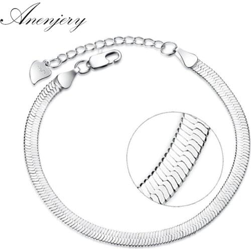 ANENJERY 925 Sterling Silver Flat Snake Chain Blade Lobster Clasp Adjustable Bracelet Anklet For Women pulseira S-B166