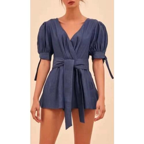 Women Rompers and Jumpsuites 2021 Summer V Neck Sleeveless Blue Solid Criss Coss Backless Casual Elegant Denim Playsuits Short