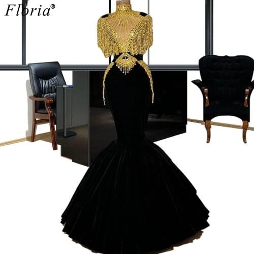 Dubai Gold Tassels Evening Dresses Long Robe De Soiree Crystals Formal Prom Dresses Woman Party Night Velvet Plus Size Gowns