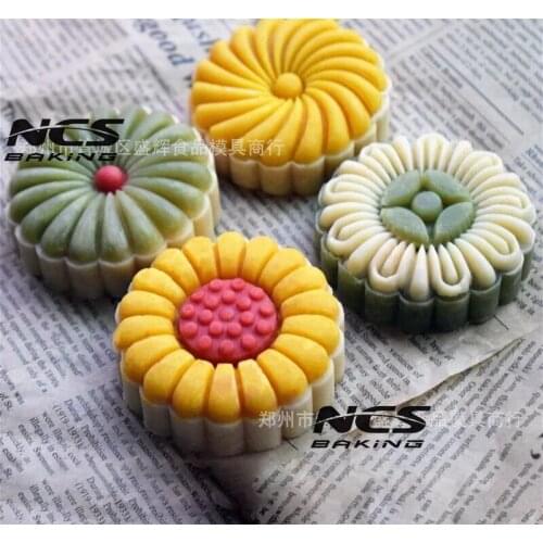 125g round shape 3D flower design Mooncake mung bean cake Molds mould with 4 Stamps plastic hand pressure , 50sets/lot