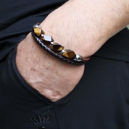 Charm Natural Tiger Eye Stone Bracelet For Men Geometric Shape Natural Stone Black Braided Leather Bracelets Gifts Bijoux Homme