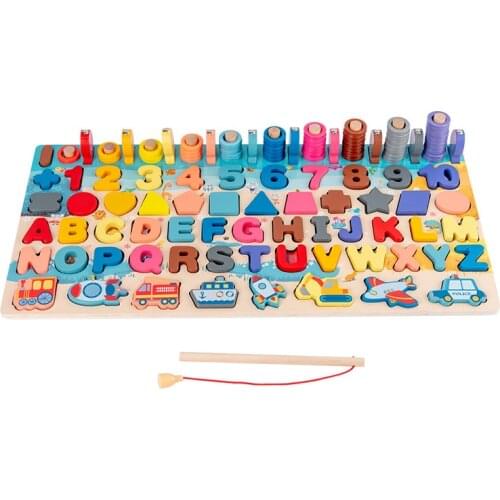 Seven-in-one Wooden Puzzle Board Blocks Digital Traffic Cognition Toy for Kids Magnetic Fishing Game Educational Toys