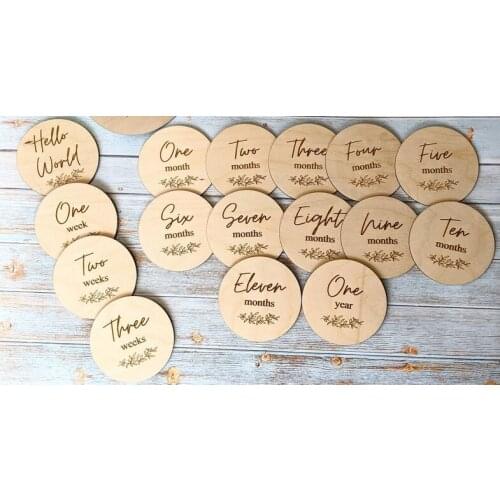 Baby Milestone Discs Set of 16 Discs Classic Wood Newborn Handmade Birth Announcement Photo Keepsake