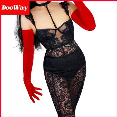 DooWay Extra Long Red Velvet Gloves for Women Evening Opera Costume Stretchy 28inches Shoulder Length Warm Fashion Gloves