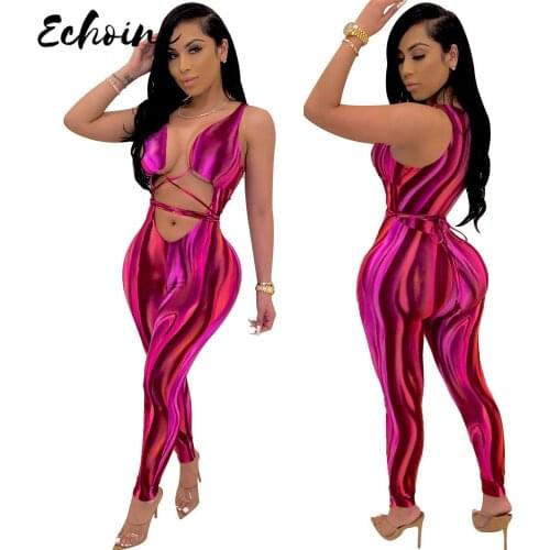 Echoine Sexy Tie Dye Print Lace Up Jumpsuit Spaghetti Straps Hollow Out Exposed Navel Tight Pants Romper Night Club Playsuit
