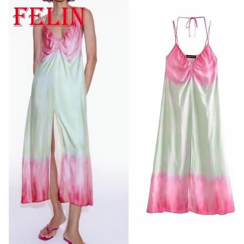 FELIN Za 2021 Beach Styles Tie Dye Women Dress Deep V Neck Front Split Summer Cami Dress Sexy Stain Chic Mujer Vestidos