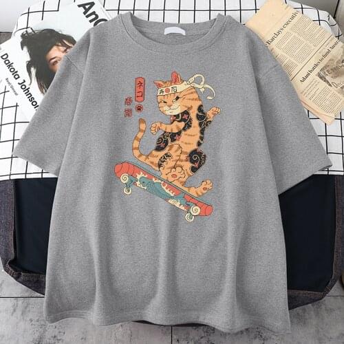 Catana Play Skateboard Ukiyoe Print Tee Shirts Fashion Breathable Tshirts Oversized Soft Male T-Shirts Summer Loose Tshirt Mans