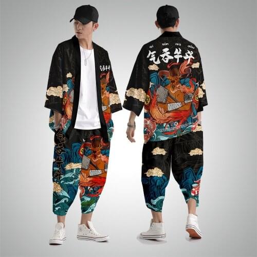 Men Fashion Black Print Yukata Cardigan Loose Blouse Haori Obi Asian Clothes Harajuku Kimono And Pant Suit