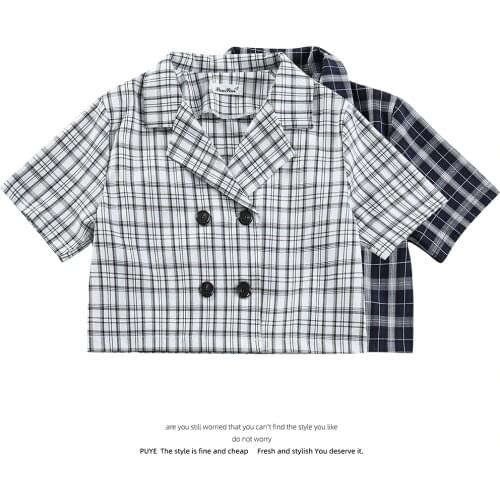 Plaid Shirt Women Retro Short-sleeved Shirt Jacket Women Crop Summer Design Niche Suit Collar Short shirts fashion 2021
