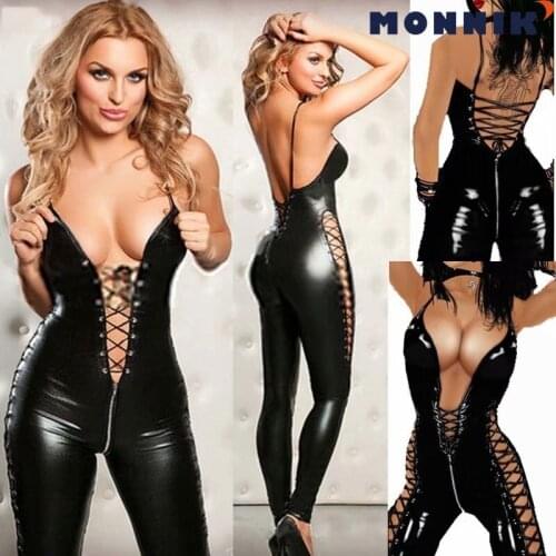 MONNIK latexSexy V-Neck Latex Leotard Garters With Black Stockings Gummi 0.4mm Nightclub