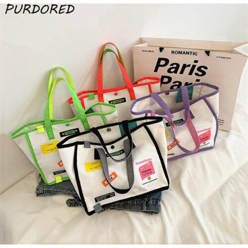 PURDORED 1 Pc Fashion Women Large Canvas Bag Large Capacity Candy Color Female Shoulder Pouch Shopping Bag Travel Tote Bag