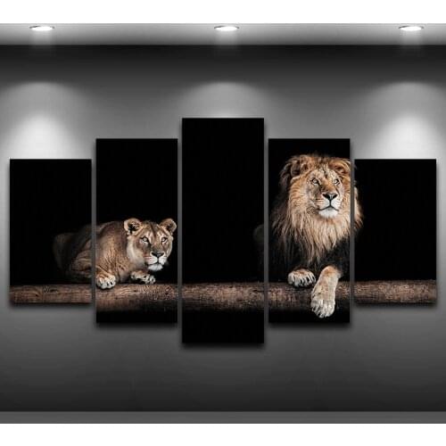 Wall Art Pictures Home Decor Modern HD Prints 5 Panel Animal Male Lion and Cub Painting Black Background Canvas Poster