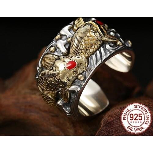 New Men Ring Real 925 Sterling Silver Vintage Lucky Fish Koi Opening Ring Jewelry anillos plata 925 para mujer Free Shipping