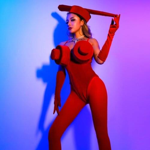 New Gogo Dancer Costume For Women Drag Queen Costumes Sexy Bodysuit Red Performance Costume DJ DS Clubwear Accessories DL7473