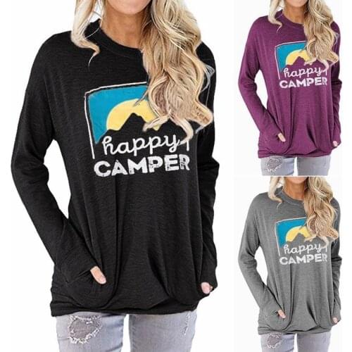 Autumn Popular Womens Sweater Happy Camper Printed Letter Loose round Neck Long-Sleeved T-shirt Women Woman Tshirts Tops
