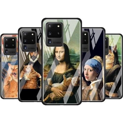 Funny Cat Art Aesthetics for Samsung Galaxy S20 FE Ultra Note 20 S10 Lite S9 S8 Plus Luxury Tempered Glass Phone Case Cover