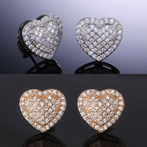 Cute Heart Silver Gold Color Stud Earrings with Bling Zircon Stone Hip Hop Fashion Jewelry for Women Korean Earrings