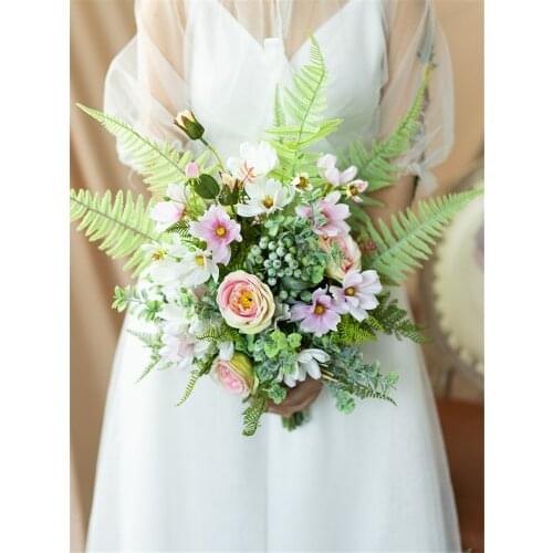 SESTHFAR Artificial Green Wedding Silk flowers Bridal Bouquets Pink Rose Bridesmaids Bouquet Marriage Decorations