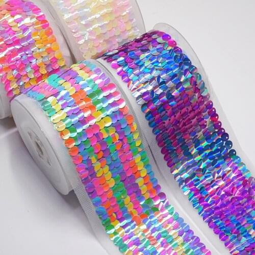 Top Ribbon 5 yard/roll 3 inch 75MM double color Sequin Fabric Reversible Sequin Ribbon