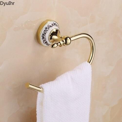 Bathroom towel rack gold stainless steel towel bar without perforation blue and white porcelain European style towel ring