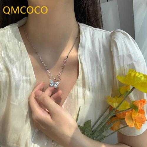 QMCOCO 925 Silver Vintage Sweater Necklace Creative Punk Hip-Hop Butterfly Pendant Clavicle Chain OT Button Party Jewelry Gift