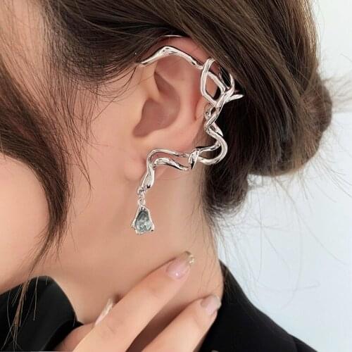 VSnow Unique Design Irregular Abstract Twist C Shape Clip Earrings for Women Silver Color Metallic Rhinestone Earrings Jewelry