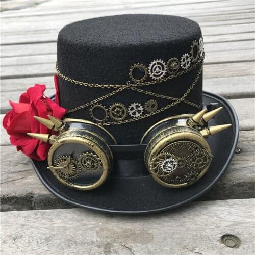 Fashion Vintage Women Handmade Steampunk Top Hat With Gear Glasses and Flower Cosplay Hat Party Hat Size 57CM Steampunk Hat