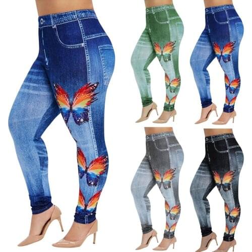 Plus Size Leggings Women Denim Jeans Yoga Pants Fashion Butterfly Printing Fitness Leggings High Waist Elasticity Slim Pants